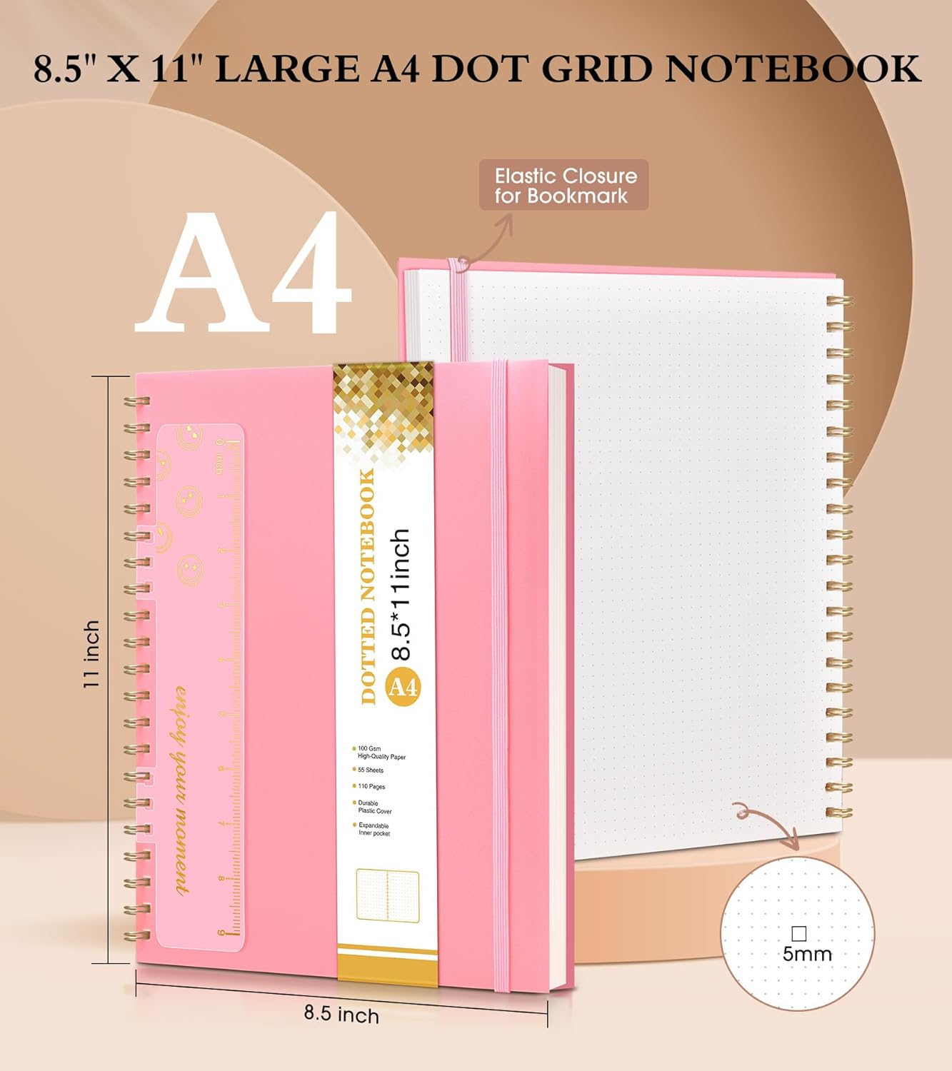Spiral Notebook Journal 8.5” x 11”, A4 Large Pink Notebooks for Women Men, College Ruled Lined Journal, 100 GSM Paper, Plastic Hardcover Spiral Bound Journals for Work School Note Taking Business
