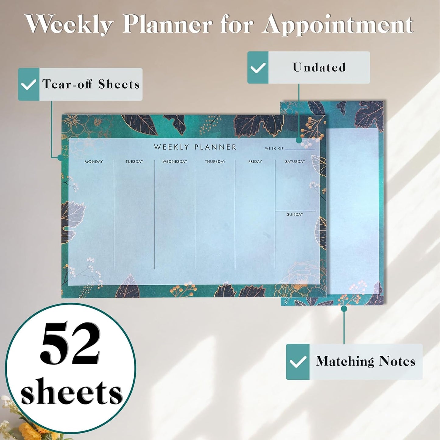 Weekly Planner Notepad Tear Off Set of 2 Weekly Calendar Pad 52 Undated To Do List Notepad Sheets Desk Planner Planning Pads Productivity Tracker for Work Goals Notes Schedule Ideas, Floral Blue