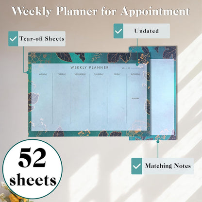 Weekly Planner Notepad Tear Off Set of 2 Weekly Calendar Pad 52 Undated To Do List Notepad Sheets Desk Planner Planning Pads Productivity Tracker for Work Goals Notes Schedule Ideas, Floral Blue