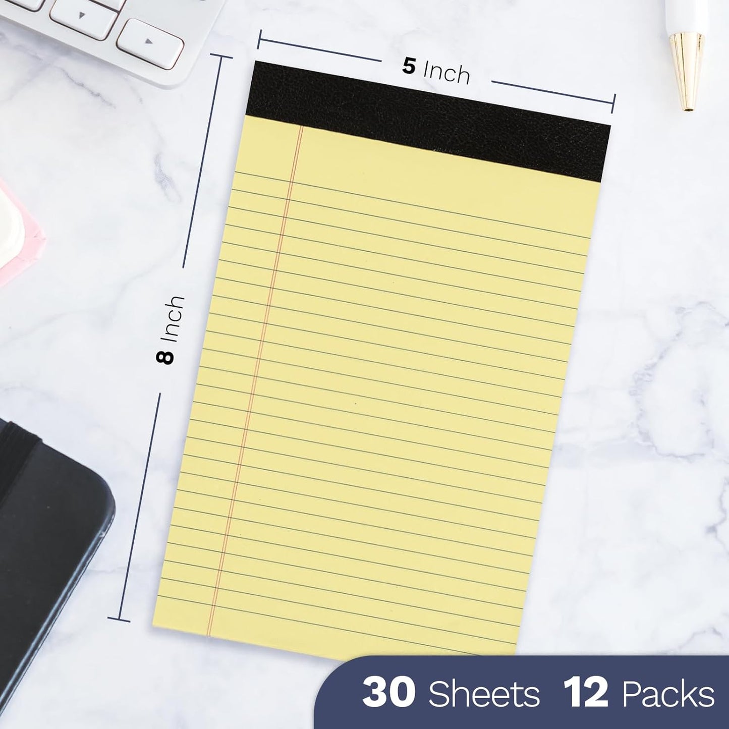 Goefun 12 Pack Yellow Note Pads 5x8, Small Legalpads 5x8 Yellow for Office, Perforated College Ruled Writing Pads - 30 Sheets Samll Notepad