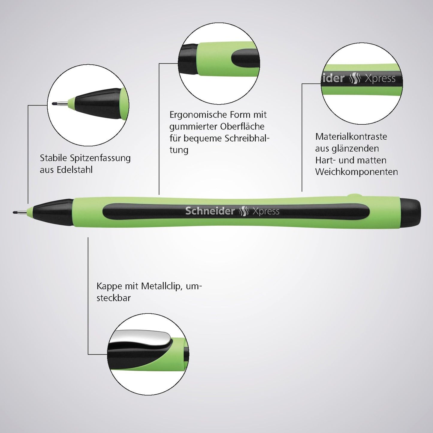 Schneider Xpress Premium Fineliner, 0.8 mm Porous Point, Light Green Barrel, Blue Ink, Box of 10 Pens (190003)
