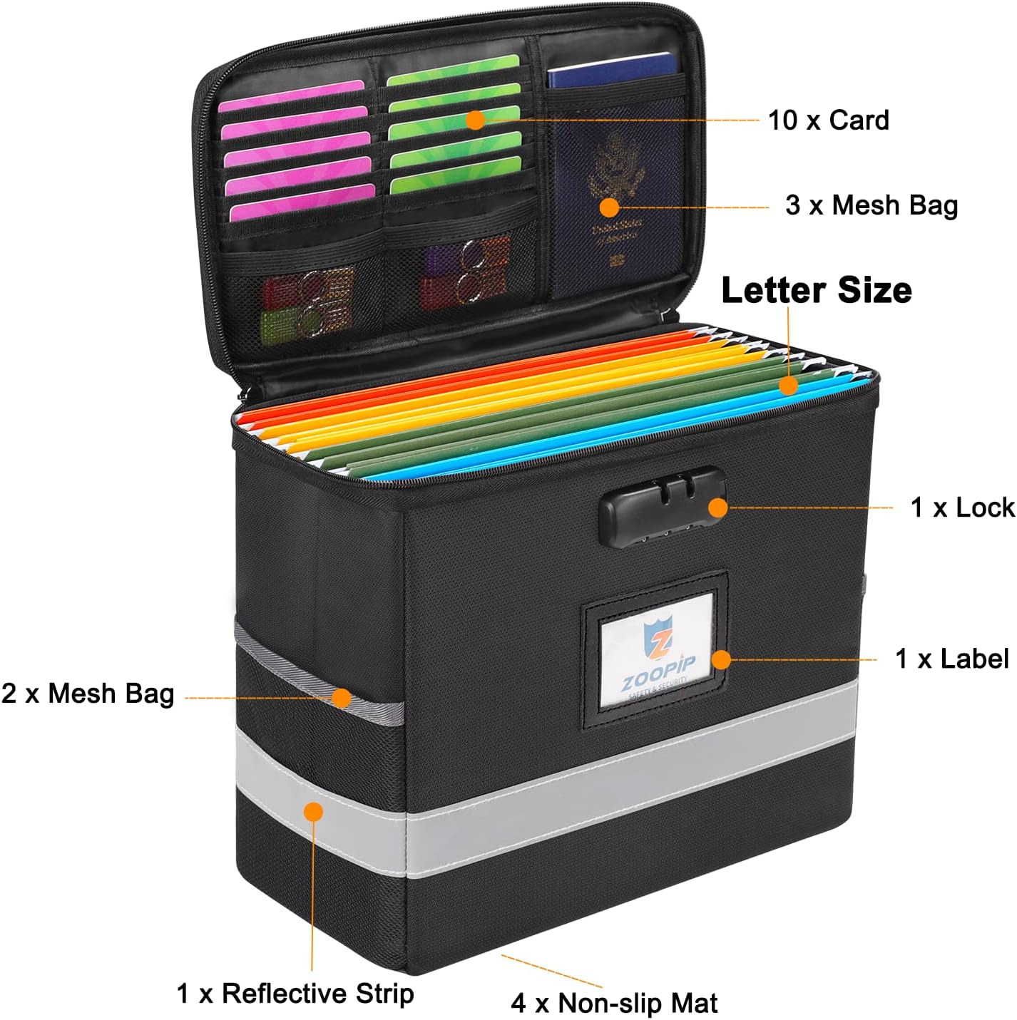 Fireproof File Box with Lock, Document Box Storage Organizer, Suitable for Hanging File Folders in Letter Size, Collapsible File Box, Reflective Strip for Fast Find (12.2"*6"*10.2, Black)