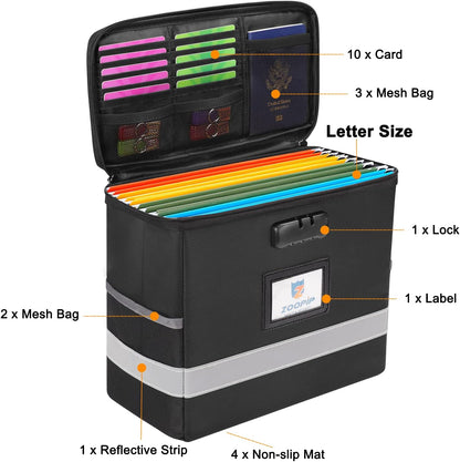 Fireproof File Box with Lock, Document Box Storage Organizer, Suitable for Hanging File Folders in Letter Size, Collapsible File Box, Reflective Strip for Fast Find (12.2"*6"*10.2, Black)