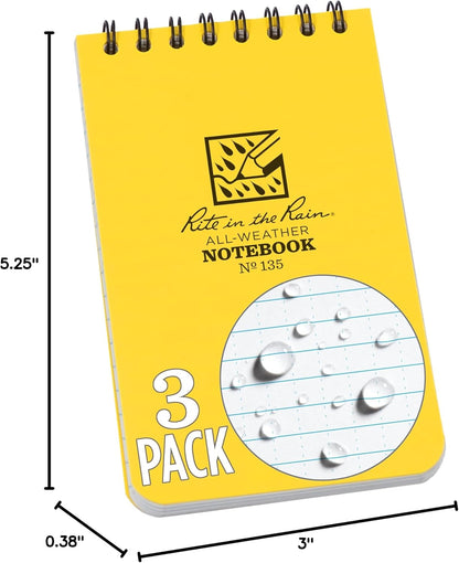 Rite in the Rain Weatherproof Top Spiral Notebook, 3" x 5", Black Cover, Universal Pattern, 3 Pack (No. 735-3X)
