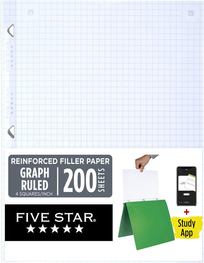 Five Star Loose Leaf Paper + Study App, Graph Ruled Filler Notebook Paper, Reinforced, Fights Ink Bleed, 8-1/2" x 11", 80 Sheets (170122)