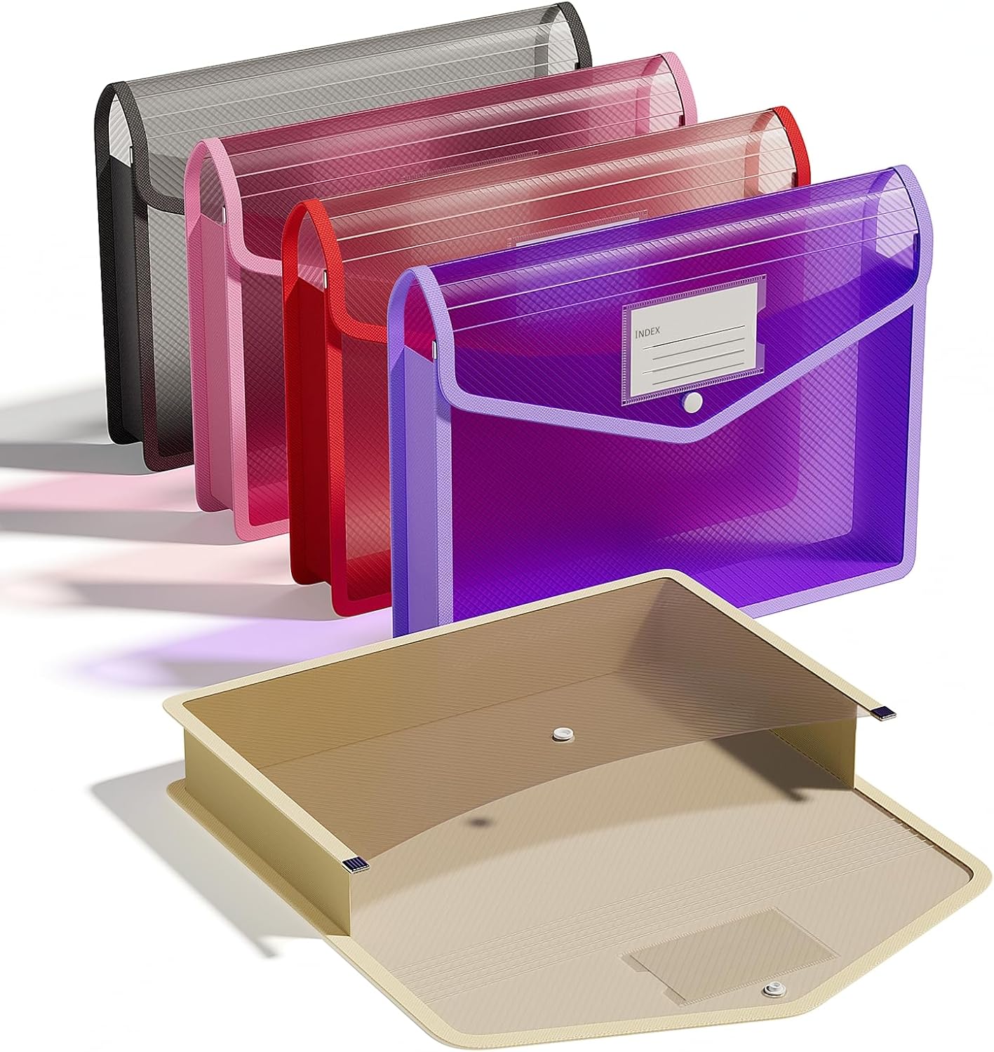 ThinkTex Plastic Expanding File Folder, Transparent Envelopes with Snap Closure, No Dividers, Large Capacity, Assorted Colors, Fits Letter / A4 Size - 5 Pack