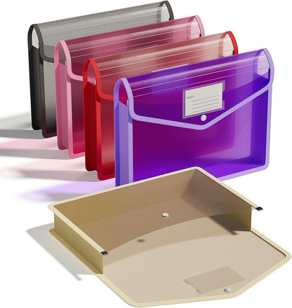 ThinkTex Plastic Expanding File Folder, Transparent Envelopes with Snap Closure, No Dividers, Large Capacity, Assorted Colors, Fits Letter / A4 Size - 5 Pack