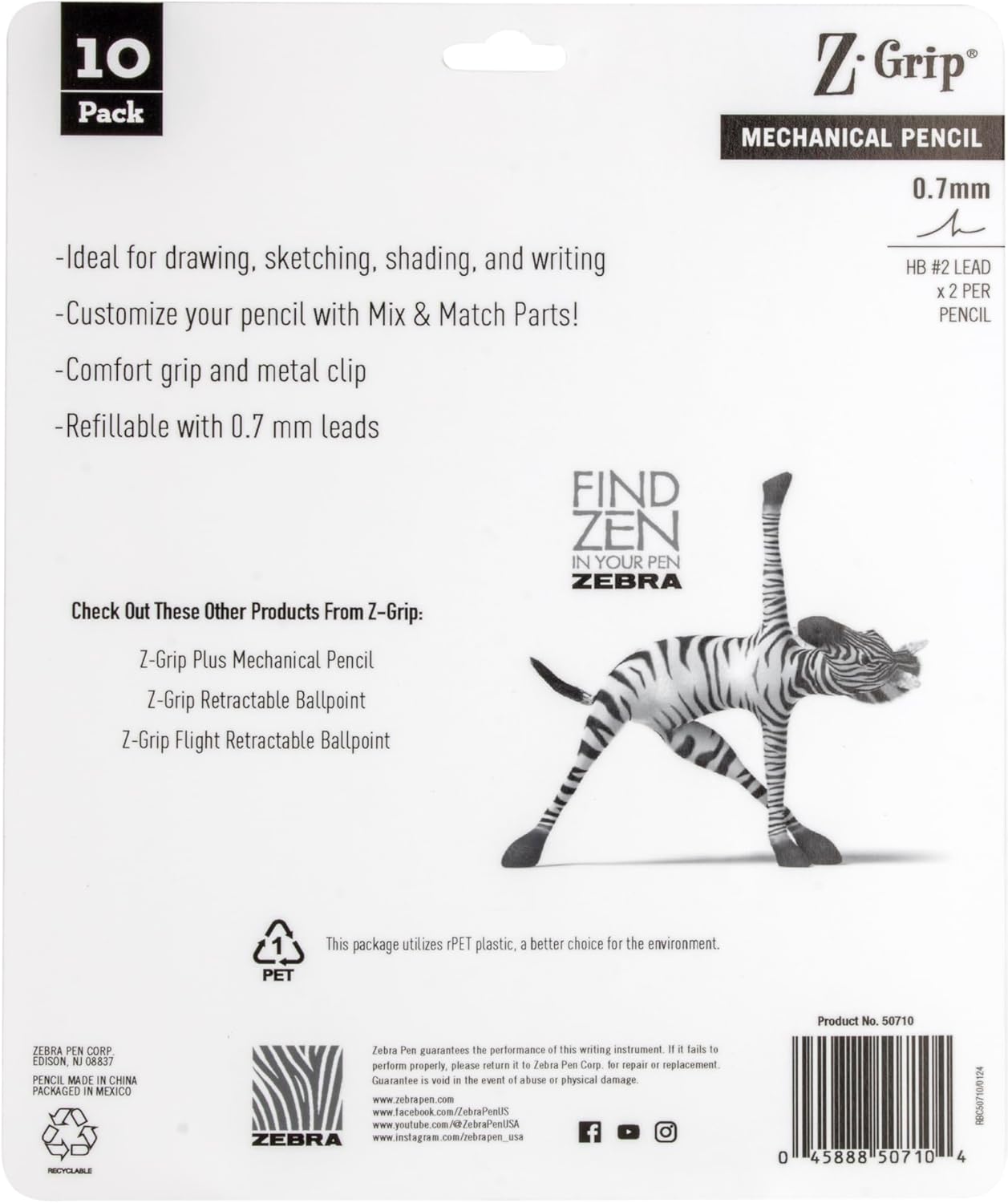 Zebra Pen, Z-Grip Mechanical Pencil, Smooth Writing, Latex-Free Grip, 0.7mm Lead, #2 HB, Pre-Loaded with Lead and Eraser, for School, Office, Everyday Use, Refillable, Clear Barrel, 24-Pack, (15241)
