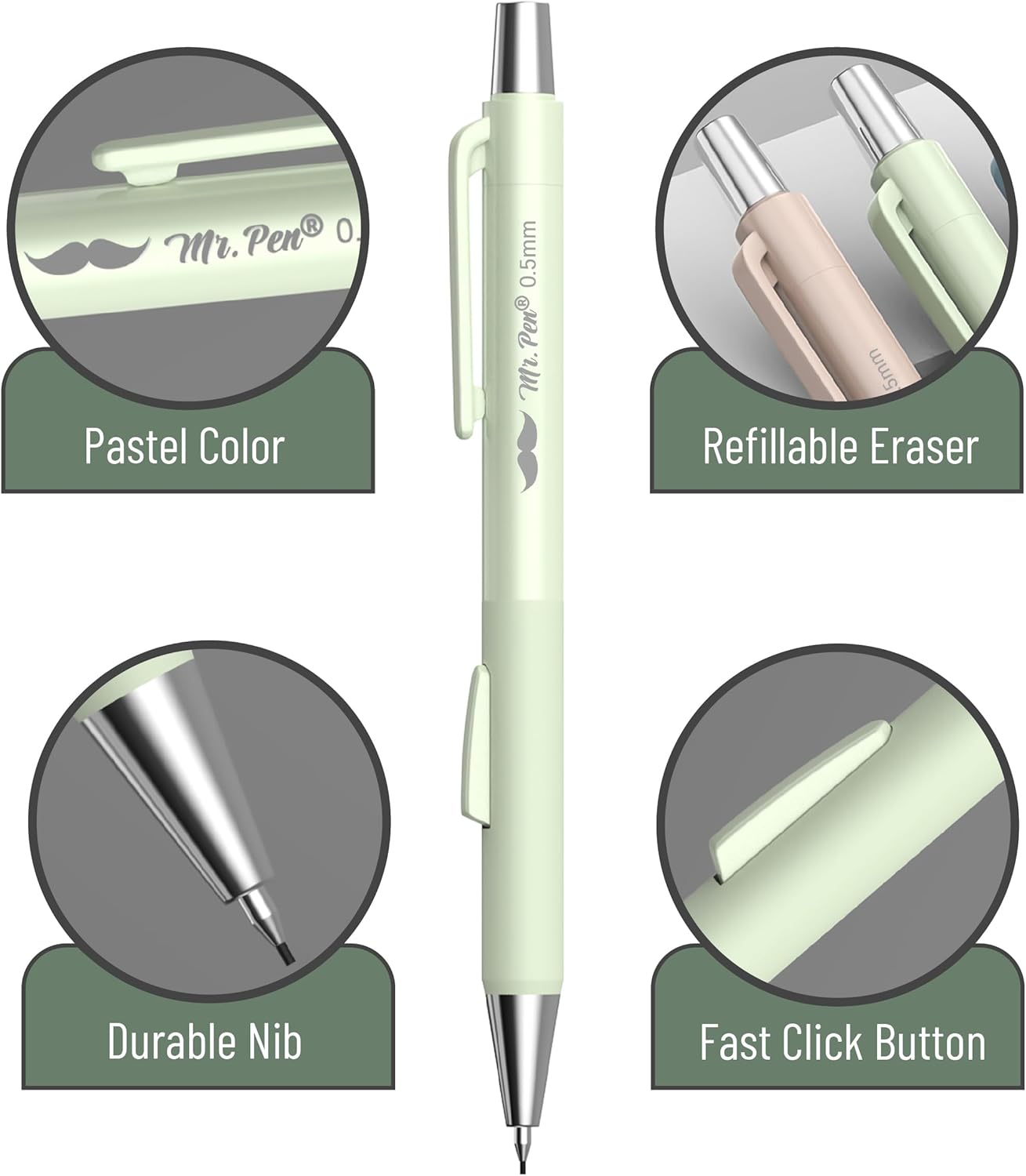 Mr. Pen- Pastel Mechanical Pencil Set with Lead Refills & Erasers, 4 Pack, 2 Sizes, 0.5 & 0.7mm, Fast Click, 6x Tubes HB & 2B Lead Refill, 3x Eraser for School Supplies, Drafting, Drawing & Sketching