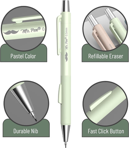 Mr. Pen- Pastel Mechanical Pencil Set with Lead Refills & Erasers, 4 Pack, 2 Sizes, 0.5 & 0.7mm, Fast Click, 6x Tubes HB & 2B Lead Refill, 3x Eraser for School Supplies, Drafting, Drawing & Sketching