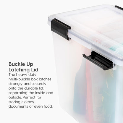 IRIS USA File Box, File Organizer w/Hinged Split Lid for Letter File, Important Document Box, Plastic Storage Filing Bin for Moving, Stackable Nestable Portable, Pearl 44 Qt. 4 Pack