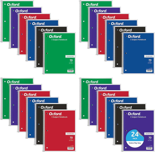 Oxford Spiral Notebooks, Bulk College Ruled Spiral Notebooks for School, 1-Subject, College Ruled Paper, 70 Lined Sheets, 24 per Pack, 3-Hole Punch, Colors May Vary (65021)