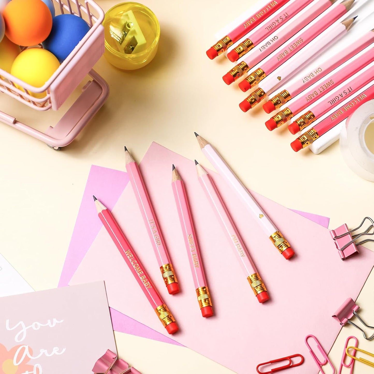 Crtiin 50 Pieces Baby Shower Pencils for Activities Mini Golf Half Pencils, Presharpened with Erasers, 4 Inch(Wood Color,Simple Style)