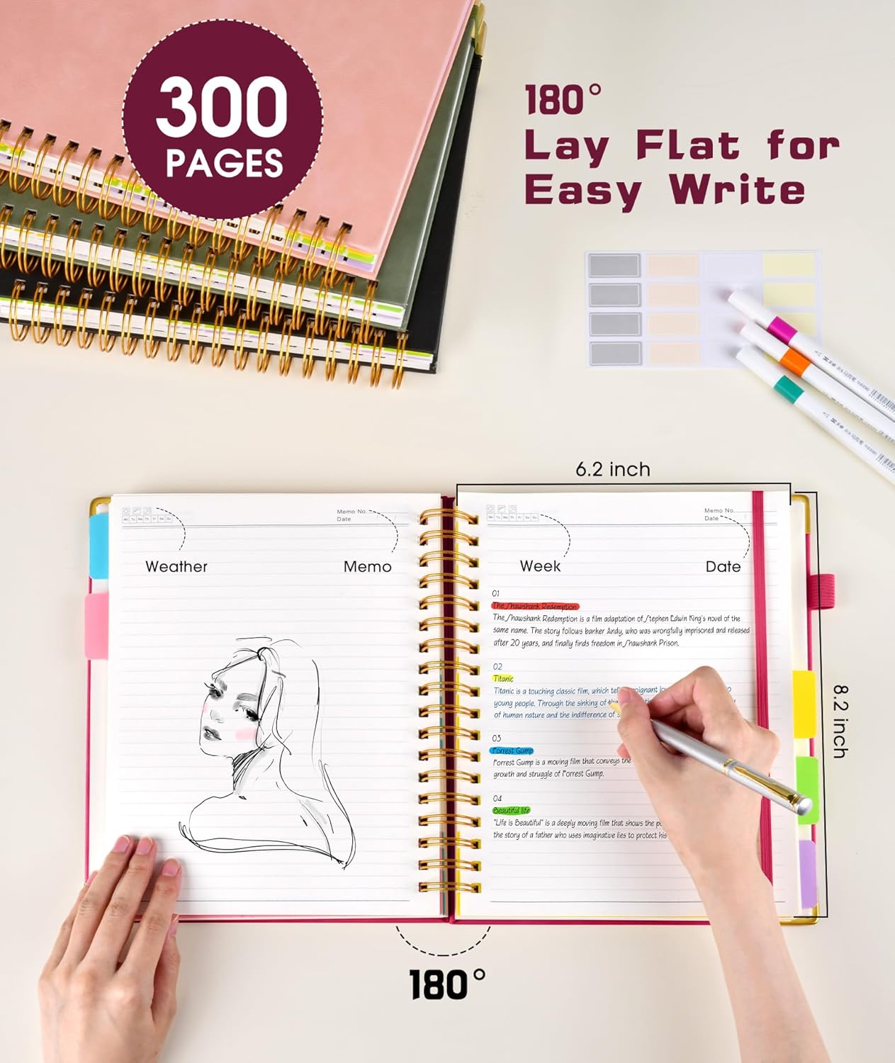 Hardcover Spiral Notebook Journal with Removable Dividers Tabs, 300 Pages Leather 5 Subject Notebook College Ruled, 8"x10" Large B5 Notebooks for Work School Note taking, Lined Journal for Women, Pink