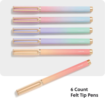 U Brands Catalina Felt Tip Pens, Set of 6 Black Ink Pens, Soft Touch Jewel Tones, Gold Details, Medium (0.7 mm) Point