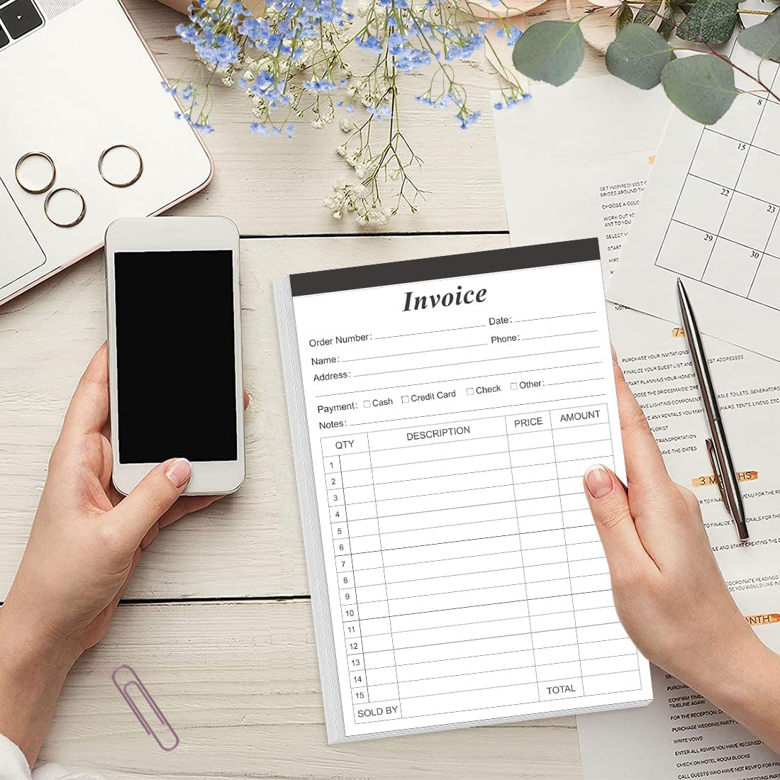 Invoice Receipt Book with Cardboard 2-Part Carbonless, 5.5" x 8.5" Order Forms, 50 Sheets Carbonless Sales Invoice Book for Small Business