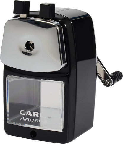 Carl Angel-5 (Black) Heavy-Duty Artist & Teacher Pencil Sharpener – Precision Manual Crank with Auto-Stop, Colored Pencil Compatible, Quiet Operation, Durable Japanese Design.