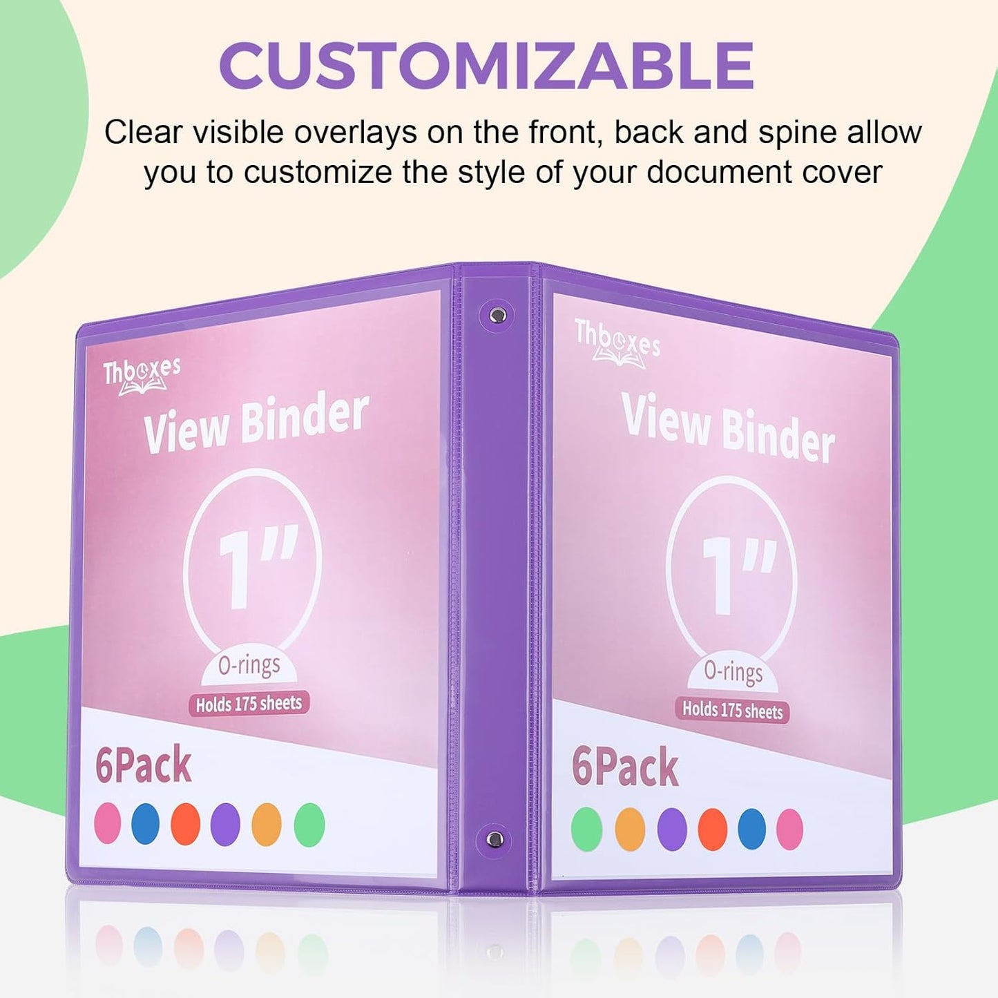 3 Ring Binder - 6 Pack, 1 Inch Binder with 2 Interior Pockets & Clear View Overlay, Large Capacity, Round Ring Binders for Office Supplies, School & Home (6 Colors)