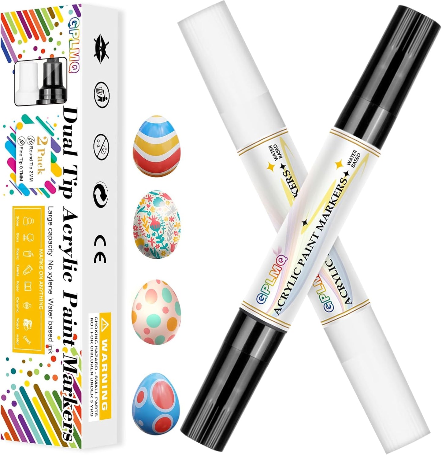 Paint Markers Paint Pens - 2 Pack Dual Tip Acrylic Permanent Marker (0.7mm & 3mm), Non-Toxic, Water-Based for Art Painting, Stone, Ceramic, Glass, Wood, Fabric, Metal, DIY Crafts (White)