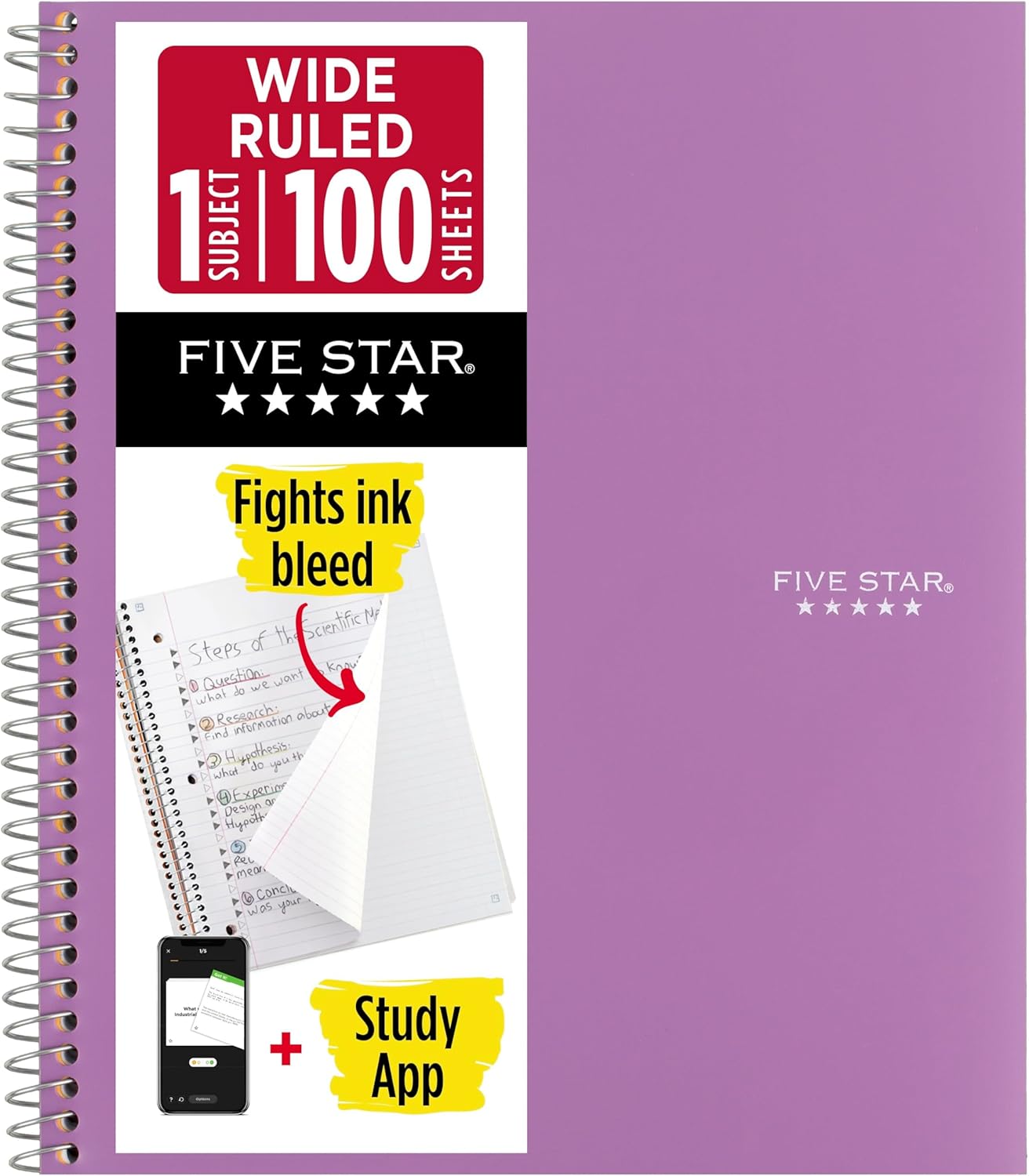 Five Star Spiral Notebook + Study App, 1 Subject, Wide Ruled Paper, 8" x 10-1/2", 100 Sheets, Fights Ink Bleed, Water Resistant Cover, Tidewater Blue (72875)