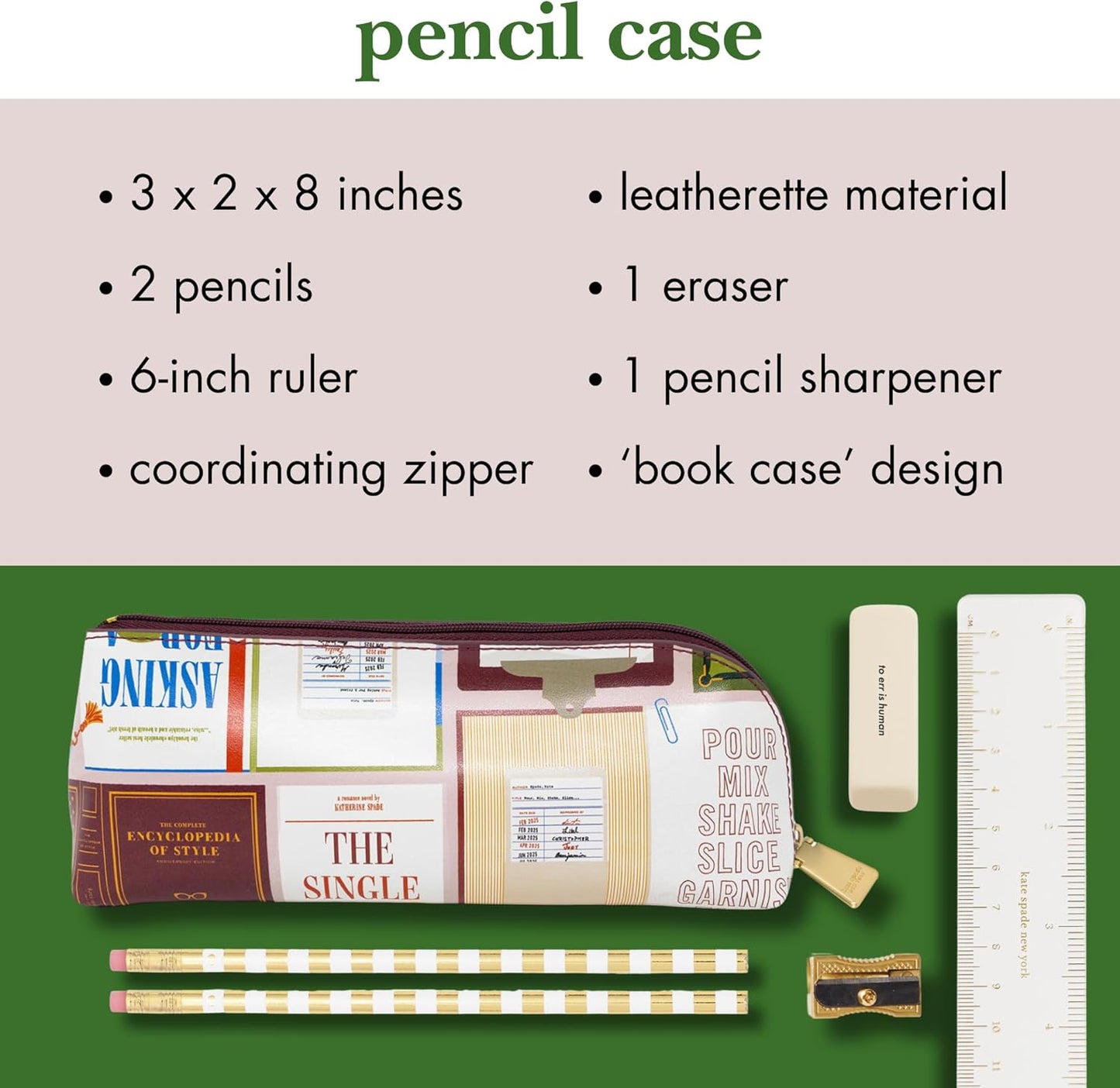 kate spade new york Pen and Pencil Case with Office Supplies, Zip Pouch Includes 2 Pencils, Sharpener, Eraser, and Ruler, Polka Dots (black/white)