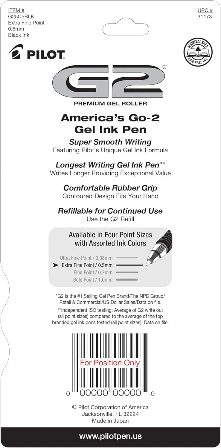 PILOT G2 Premium Refillable and Retractable Rolling Ball Gel Pens, Extra Fine Point, Assorted Color Inks, 5-Pack (31300)