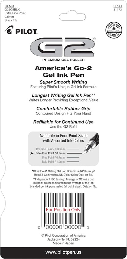 PILOT G2 Premium Refillable and Retractable Rolling Ball Gel Pens, Extra Fine Point, Assorted Color Inks, 5-Pack (31300)