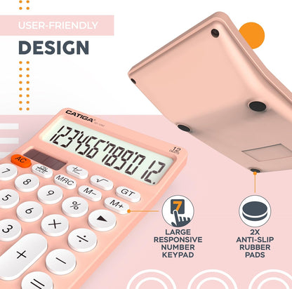 CATIGA 12 Digit Desktop Calculator Basic Desk Calculator with Large LCD Display, Big Buttons, 4 Function, Solar and Battery Dual Power, for Office, School, Home, SD-1292 Green