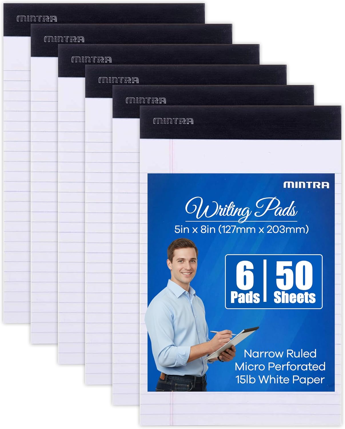 Mintra Office Colorful Legal Pads - Includes 2 Blue, 2 Pink, and, 2 Green Writing Pads, Micro Perforated Lined Sheets, Ideal for Professional & Personal Use, 5"x8" Narrow Ruled, 6 pack Basic Pastel