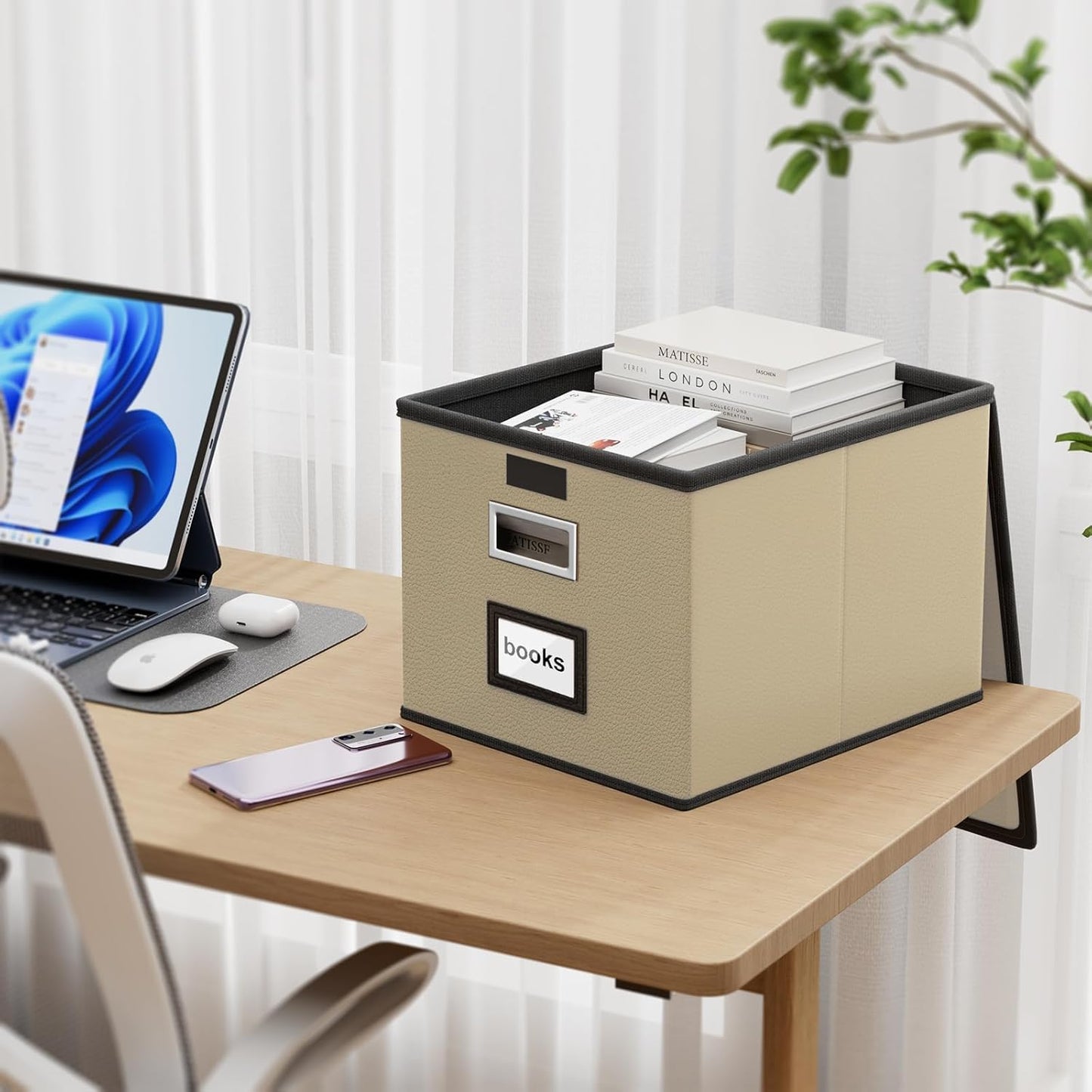 Huolewa Upgraded Portable File Organizer Box with Lid, Collapsible Linen Hanging Filing Storage Boxes with Plastic Slides, Decorative Home/Office Filing System Box for File and Folders Storage (Gray)