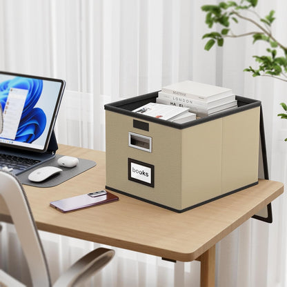 Huolewa Upgraded Portable File Organizer Box with Lid, Collapsible Linen Hanging Filing Storage Boxes with Plastic Slides, Decorative Home/Office Filing System Box for File and Folders Storage (Gray)