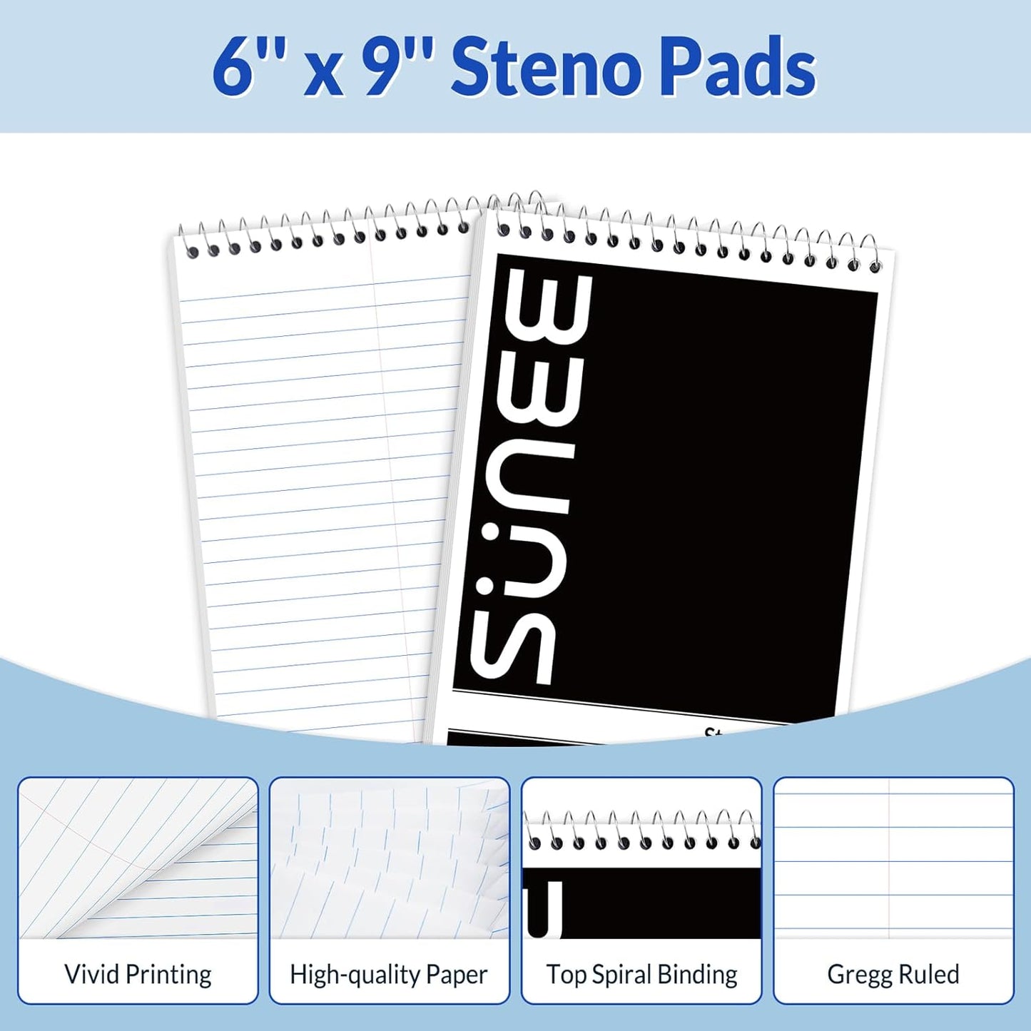 SUNEE 10 Pack Steno Pads 6x9, Gregg Rule, 60 Sheets, Spiral Notebook 6x9, White Paper, Take Notes with Top Spiral Notebook, for School, University, College, Work, Office, Classic Color