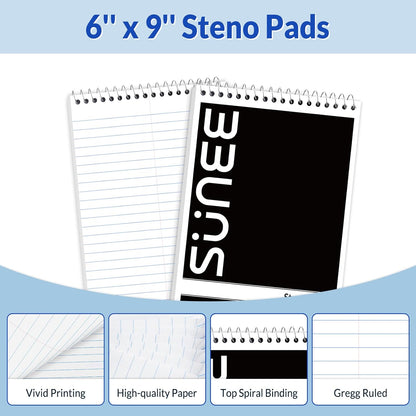 SUNEE 10 Pack Steno Pads 6x9, Gregg Rule, 60 Sheets, Spiral Notebook 6x9, White Paper, Take Notes with Top Spiral Notebook, for School, University, College, Work, Office, Classic Color