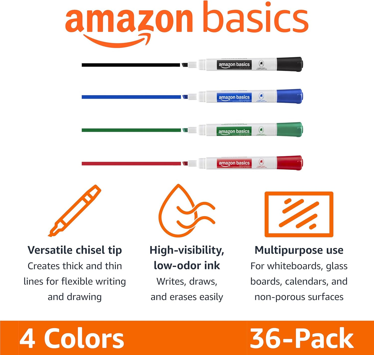Amazon Basics Low-Odor Dry Erase Whiteboard Markers, Fine Tip, Quick-Dry, Black, 36-Pack