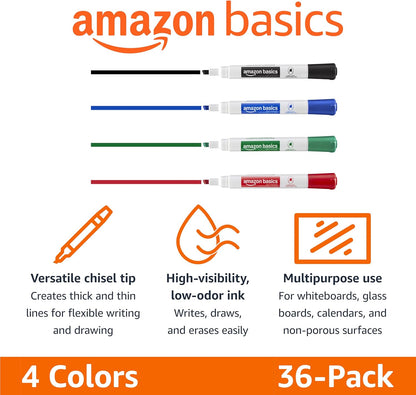 Amazon Basics Low-Odor Dry Erase Whiteboard Markers, Fine Tip, Quick-Dry, Black, 36-Pack