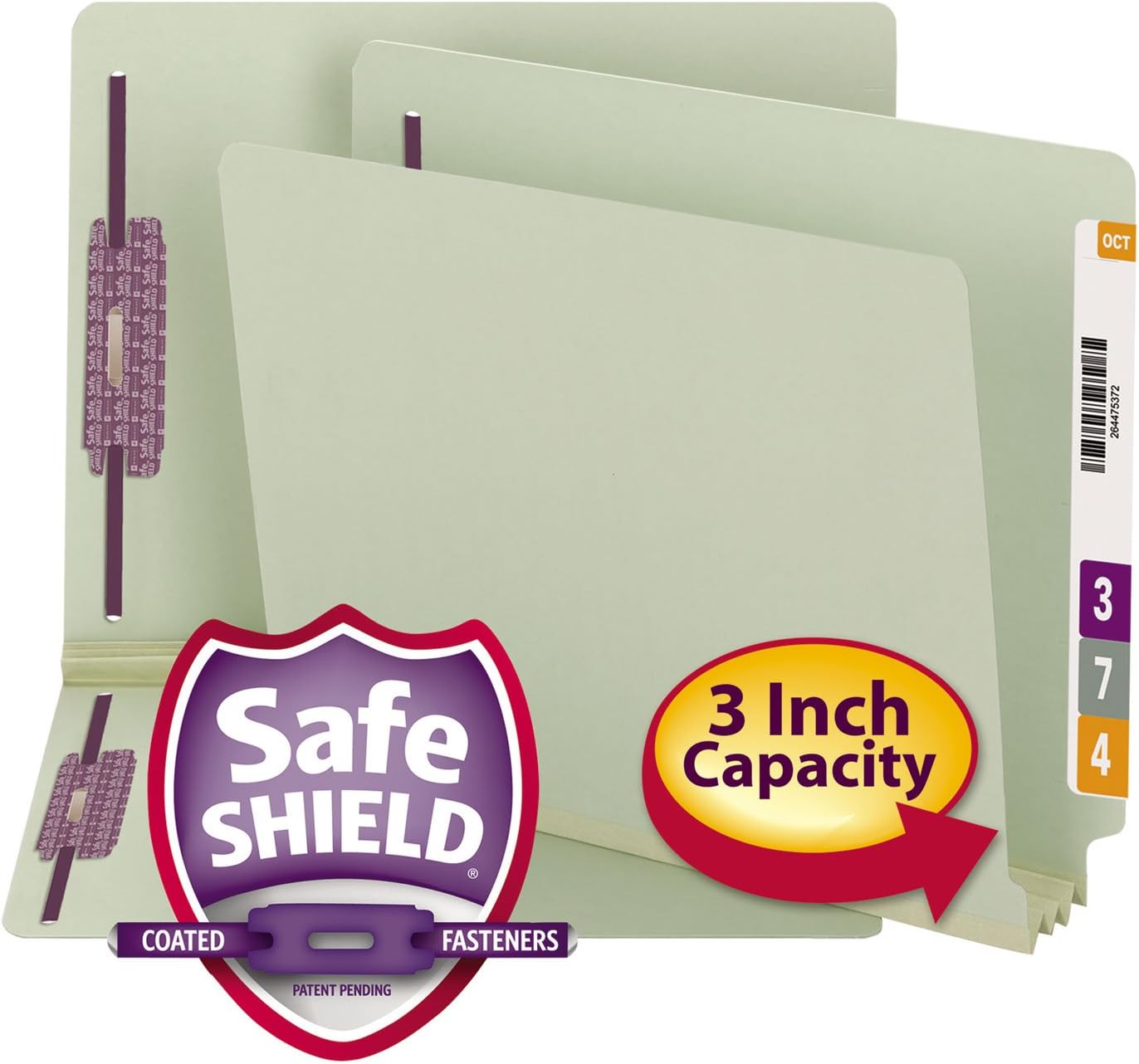 Smead End Tab Pressboard Fastener File Folder with SafeSHIELD Fasteners, 2 Fasteners, 1" Expansion, Letter Size, Gray/Green, 25 per Box (34705)