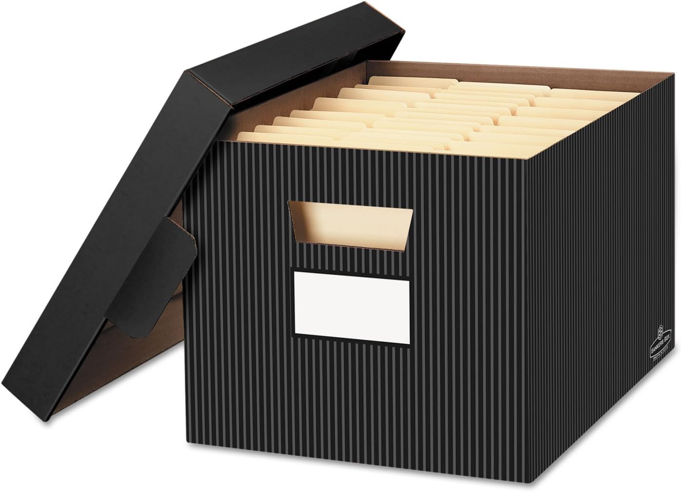 Bankers Box 4-Pack Pinstripe Design, Medium Duty File Storage Boxes with Lids, FastFold Assembly, Letter/Legal, STOR/FILE, (0029803)