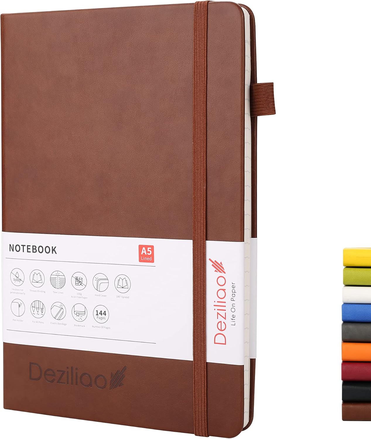 Deziliao Lined Journal Notebooks with Pen Loop, Hardcover Notebook Journal for Work, 100Gsm Premium Thick Paper with Inner Pocket, Medium 5.7"x8.4", （Black, Ruled）