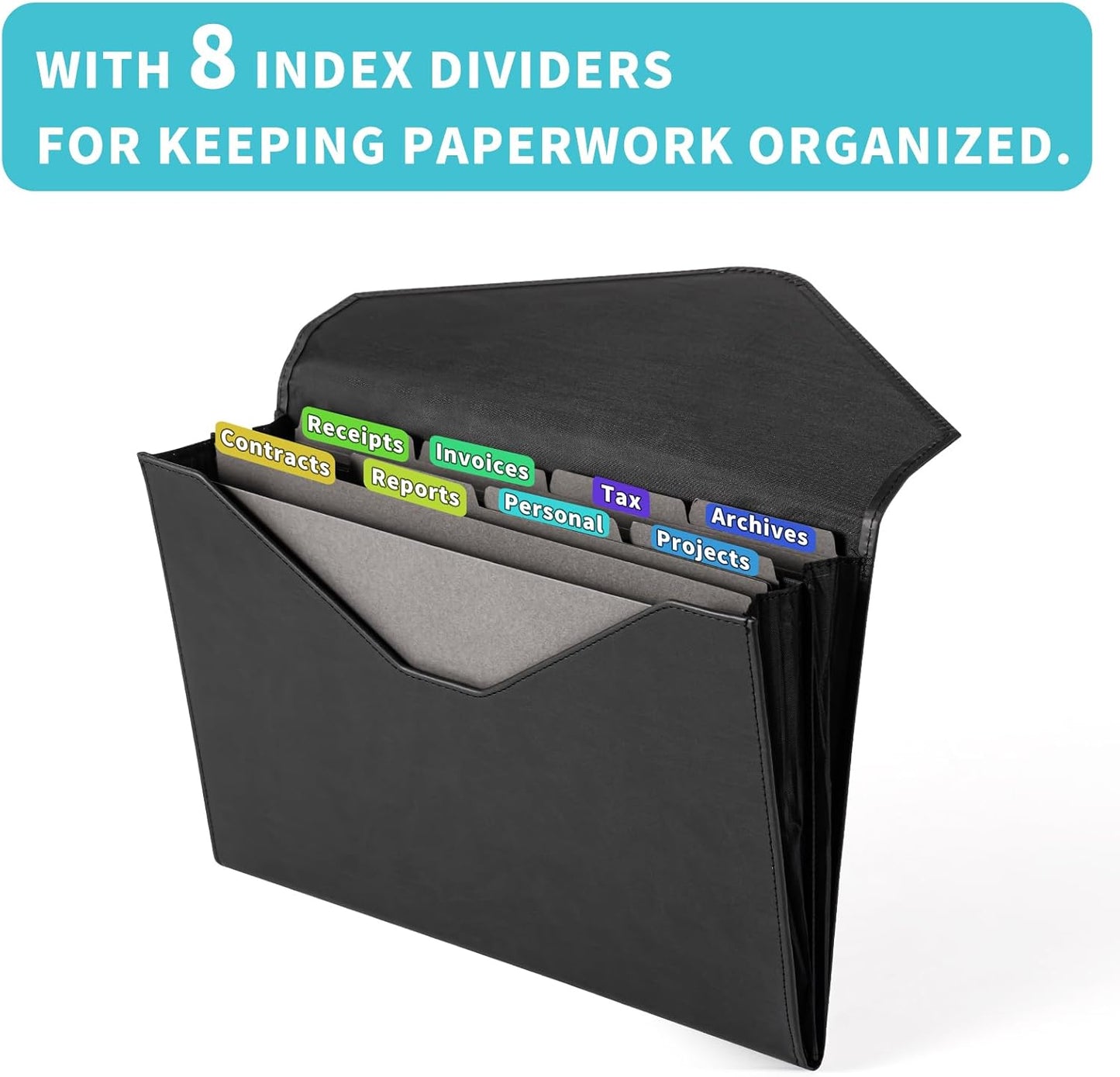 Heture PU Leather Heavy-Duty Expanding File Folder, A5/US Letter Size Document Organizer with 8 Paper File Folders, 4-1/2 Inch Expansion, Black – for Office, Auto Shop, School Paperwork.