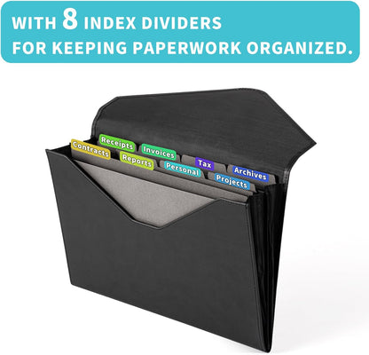 Heture PU Leather Heavy-Duty Expanding File Folder, A5/US Letter Size Document Organizer with 8 Paper File Folders, 4-1/2 Inch Expansion, Black – for Office, Auto Shop, School Paperwork.