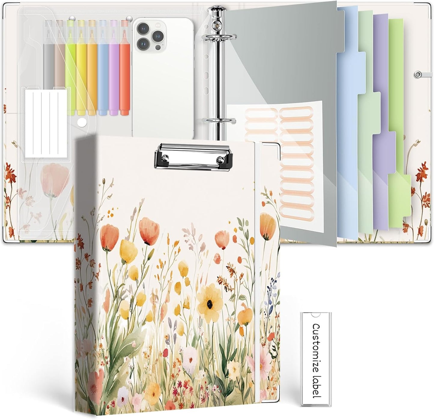 3 Ring Binder 1 Inch, Three Ring Binders Organizer with Clipboard, 5-Tabs Pockets Dividers, Plastic Folder, 18 Divider Stikers, BVSSX Pretty Binder with Pen Loop (Black Weeds, Letter Size)