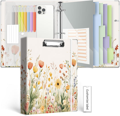 3 Ring Binder 1 Inch, Three Ring Binders Organizer with Clipboard, 5-Tabs Pockets Dividers, Plastic Folder, 18 Divider Stikers, BVSSX Pretty Binder with Pen Loop (Black Weeds, Letter Size)