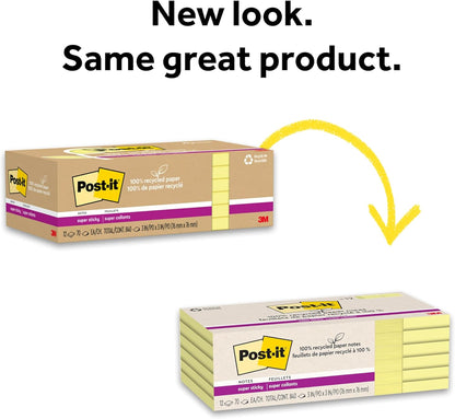 Post-it 100% Recycled Paper Super Sticky Notes, 3 in. x 3 in., 12 Pads, 70 Sheets per Pad, Wanderlust Pastels, School Supplies and Office Products