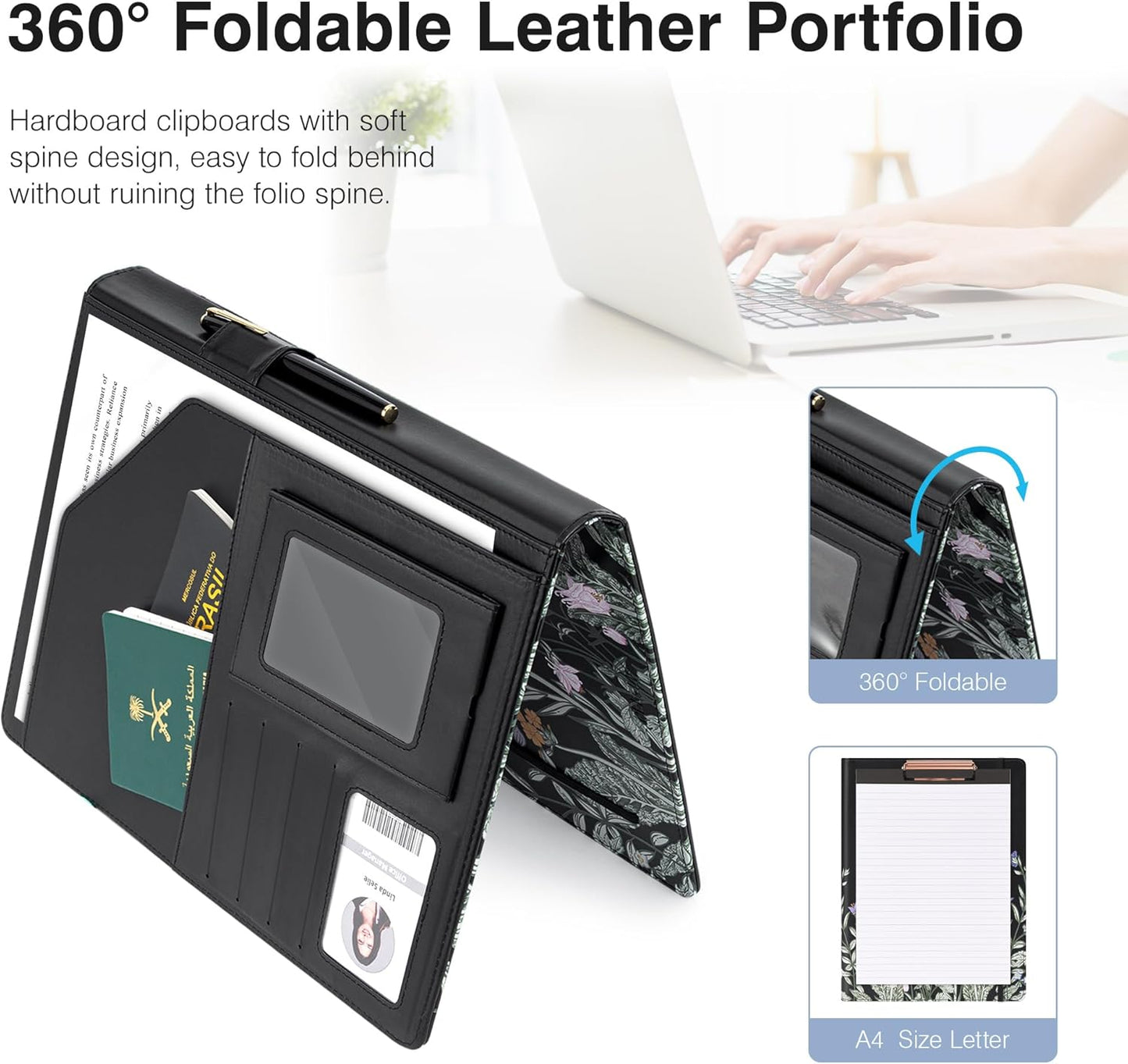 Clipboard Folio Folder Portfolio with Notepad-Pocket Business Card Holder Brown Faux PU Leather Portfolio