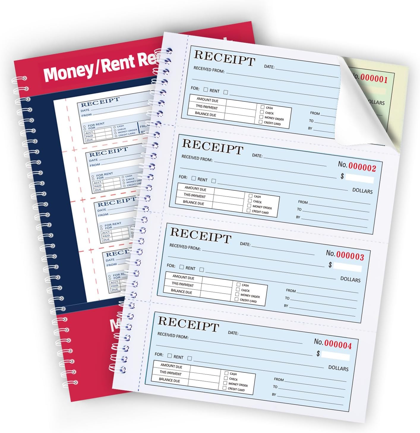 Zzrywuty Money and Rent Receipt Book with Cardboard Insert,2-Part Carbonless,5.3”x11.2” Spiral Bound,200 Sets per Book,4 Receipts per Page for Office Supplier,Rent and Cash Transaction