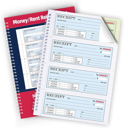 Zzrywuty Money and Rent Receipt Book with Cardboard Insert,2-Part Carbonless,5.3”x11.2” Spiral Bound,200 Sets per Book,4 Receipts per Page for Office Supplier,Rent and Cash Transaction