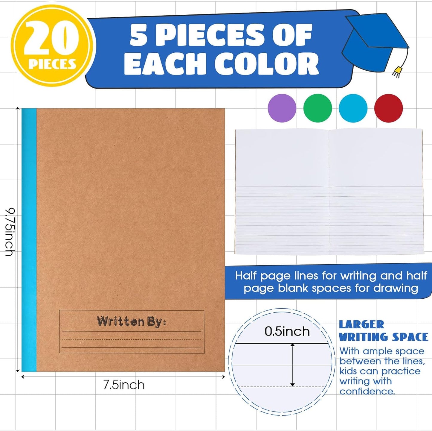 Henoyso 60 Pack Primary Composition Notebook, 9-3/4" x 7-1/2", Kids Primary Journal, K-2 Writing Notebook for Kids Student Draw Write Story Journal Half Blank Books(Macaron Color)