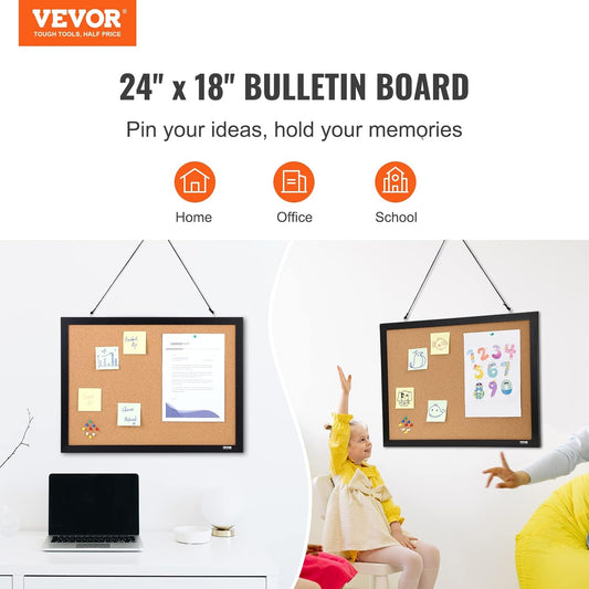 VEVOR 24 x 36 Cork Board, Large Bulletin Board with Black MDF Frame, Wall Mounted Pin Board for Office, School and Home Decor, Hanging Message Board for Pictures and Notes, 10 Push Pins Included