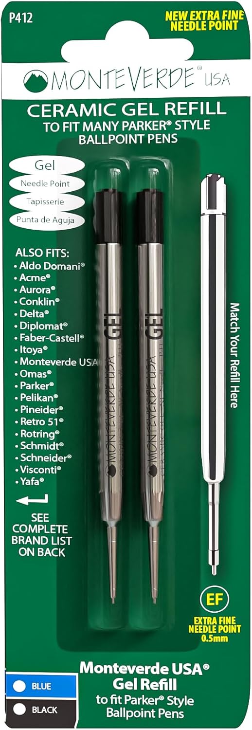 Monteverde Capless Gel Refills to Fit Parker-Style Ballpoint Pens, 0.5mm Extra Fine Needle Point, Black, 2-Pack, Smooth Writing Technology for Parker, Conklin, Schmidt, and More