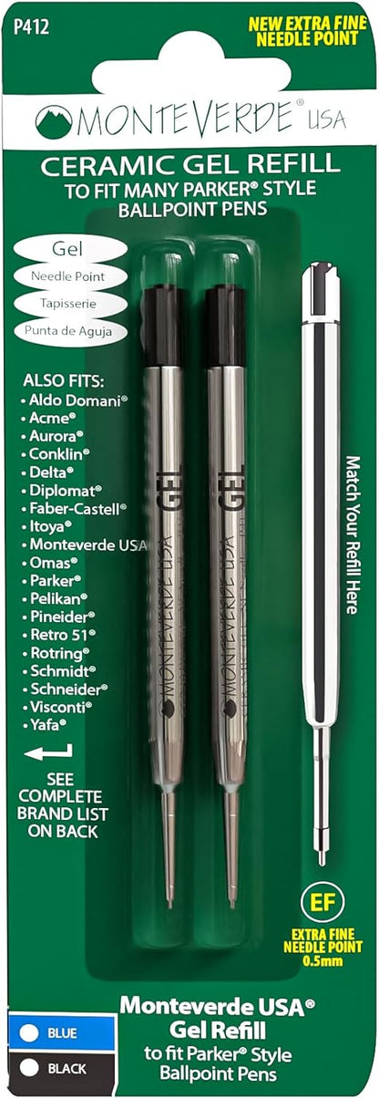 Monteverde Capless Gel Refills to Fit Parker-Style Ballpoint Pens, 0.5mm Extra Fine Needle Point, Black, 2-Pack, Smooth Writing Technology for Parker, Conklin, Schmidt, and More